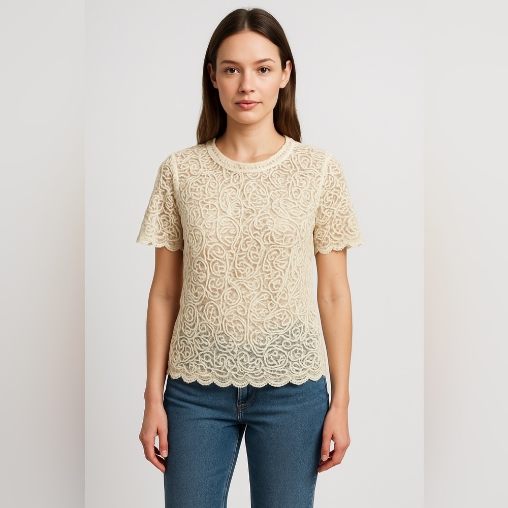 Amanda Ivory Lace Crochet Blouse M Sheer Y2K Retro Cottagecore Coastal vintage